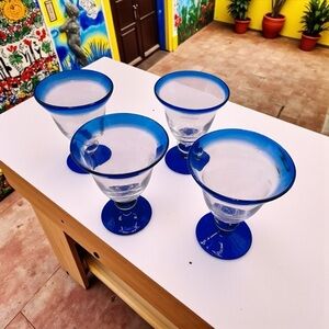 Vintage Mexican Hand Blown Cobalt Blue Rim/Bottom Wine Glasses Goblets Set of 4